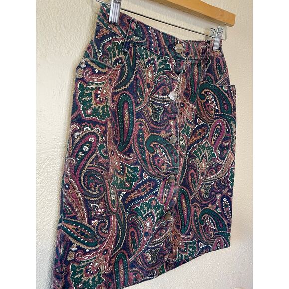 VTG RoughRider by Circle T Purple Paisley Button Up Denim Mini Skirt Size 2 - Picture 2 of 7